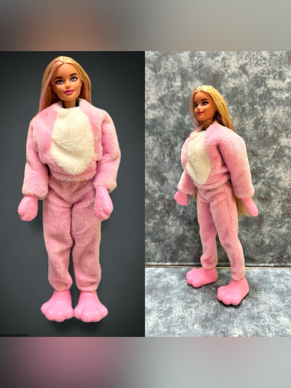 Barbie cutie Reveal doll Pink Plush Jogger Jumpsuit with Cream Bib Detail